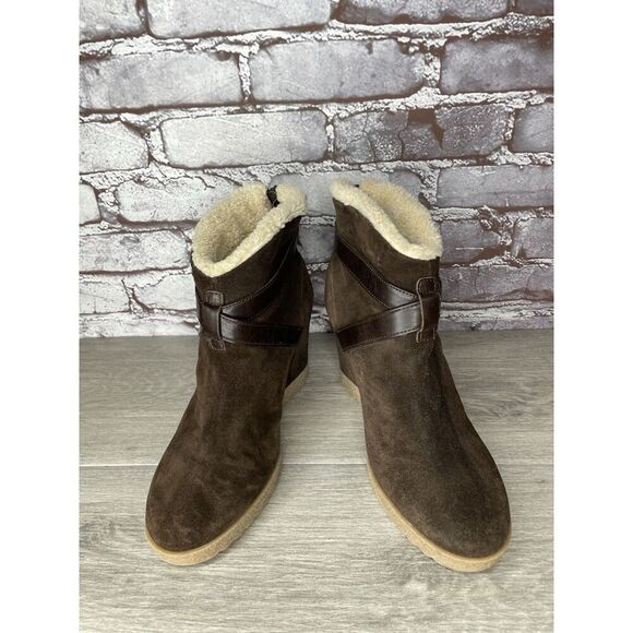 Aquatalia Brown Suede Faux Fur Strap Ankle Wedge Booties Women’s Sz 10M US/41EU - Picture 13 of 16